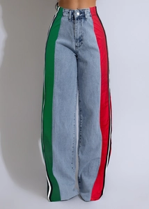 Detail of color-block striped stitching on high-waist straight leg denim trousers