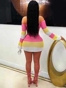 Women's crochet two-piece set featuring a pink and yellow striped off-shoulder top and skirt