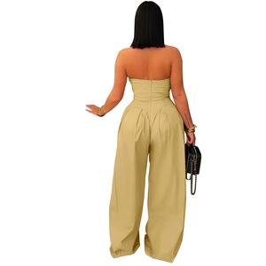 Detailed rear view of khaki strapless wide leg jumpsuit with back zipper closure
