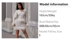 Detailed size chart and model measurements for fringe knit cardigan and skirt set