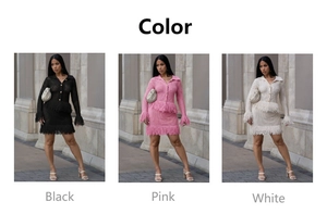 Detailed knit set showing collar, fringe hem, and gold buttons in three colors