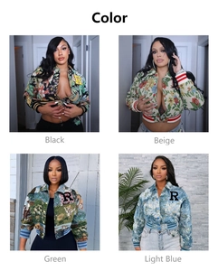 Detailed view of cropped floral varsity jackets in black, beige, green, and light blue colors