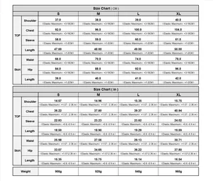 Size chart for women's knit set showing top and skirt measurements in cm and inches