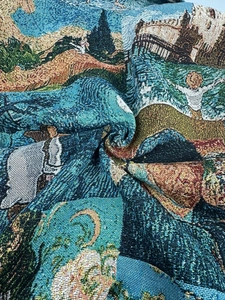 Close-up of vintage tapestry jacket featuring intricate scenic landscape weaving