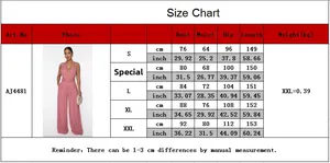 Size chart for backless sleeveless wide leg jumpsuit showing S to XXL measurements in cm and inch
