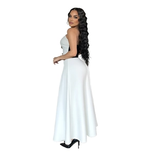 Detail of elegant black and white color-block tube top with golden decorative buttons