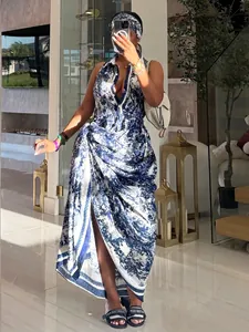 Robe longue sans manches à imprimé floral avec fente haute et bandeau assorti pour femme