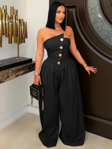 Chic black strapless wide-leg jumpsuit with decorative gold buttons and a high waist