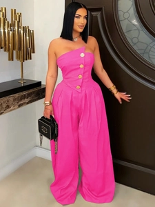 Women's rose pink strapless wide leg jumpsuit with gold buttons and pleated front