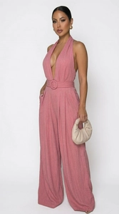 Detail of mauve backless wide leg jumpsuit with V-neckline and matching fabric belt