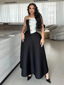 Elegant Color Block Women Top And Skirt Tube Top High Waist A Line Maxi Skirt Patchwork Golden Buttons Formal Party Dress