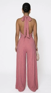 Back view of pink backless wide-leg jumpsuit with elegant oversized bow tie detailing