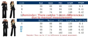 Size chart for off-shoulder lace wide-leg jumpsuit with detailed CM measurements