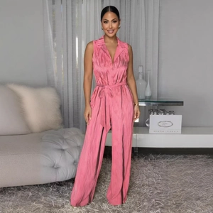 Women Halter Neck Backless Wide Leg Jumpsuit Pink Textured Sleeveless One Piece Bodysuit Casual Party Streetwear Outfit