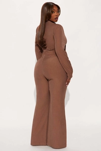 Detail view of brown ribbed knit texture on high waist wide leg pants for women