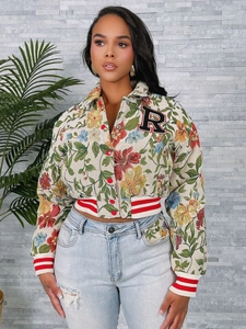 Women Vintage Floral Jacquard Cropped Bomber Jacket Long Sleeve Varsity Jacket With Letter Patch Retro Streetwear Outwear