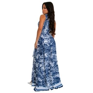 Vue détaillée du dos d'une robe maxi bohème sans manches à imprimé floral bleu