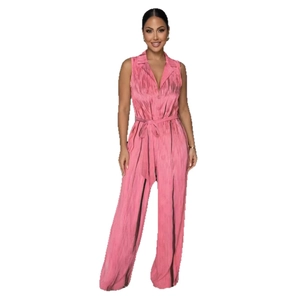 Elegant pink sleeveless halter jumpsuit with wide leg design and tied waist belt
