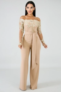 Detailed lace embroidery on elegant off-shoulder wide-leg jumpsuit with waist tie