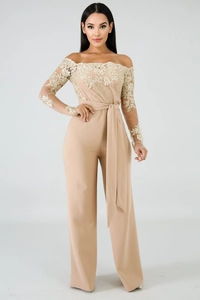 Detailed embroidery and lace mesh sleeves on elegant off-shoulder wide leg jumpsuit