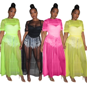 Women Sexy Mesh See-Through Maxi Dress Round Neck Short Sleeve Solid Color Ruffled Sheer Cover Up Beach Clubwear