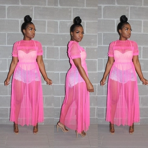 Neon pink sheer mesh maxi dress cover-up with short sleeves and round neckline detail