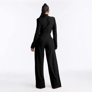 Elegant black long sleeve mock neck ribbed jumpsuit with wide leg design for women