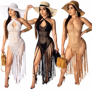 Women's Bohemian Crochet Beach Cover-up Maxi Halter Backless Dress With Long Fringe Tassel Hollow Out Vacation Knitwear