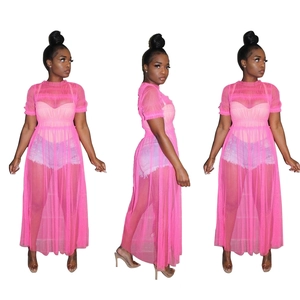 Sexy rose pink mesh see-through maxi dress cover-up with stylish lettuce trim detail