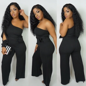 Detail views showing one-shoulder long sleeve jumpsuit with waist tie and wide-leg design