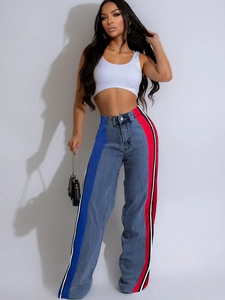 Women High Waist Patchwork Straight Leg Jeans Color Block Striped Denim Pants Casual Streetwear Wide Leg Trousers For Lady
