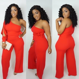 Front, side and back views of a red one-shoulder cut-out wide-leg jumpsuit with a bow