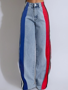 Women's high waist wide leg jeans with side contrast stripes and colorful patchwork
