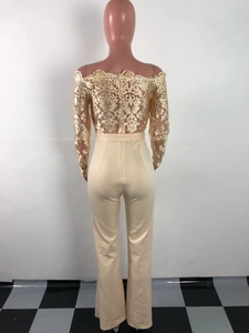 Back view of elegant off-the-shoulder lace jumpsuit with hidden zipper in champagne