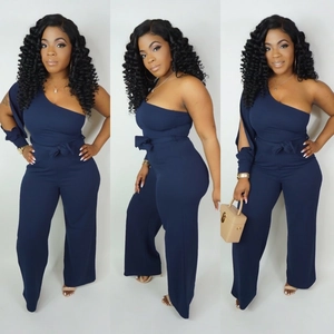 Detail view of navy blue one shoulder jumpsuit with tied waist and wide leg cut