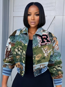 Vintage Floral Tapestry Bomber Jacket Women Retro Letter R Patch Varsity Jacket Cropped Ribbed Trim Streetwear Outerwear Coat