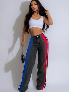 Women high waisted wide leg jeans with side stripe patchwork in street style