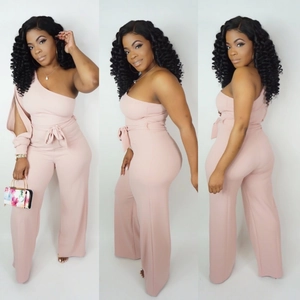 Three-way view of pink one-shoulder wide-leg jumpsuit with waist tie detail