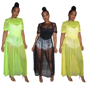 Detailed sheer mesh maxi dresses in neon green, black, and yellow with high waist design