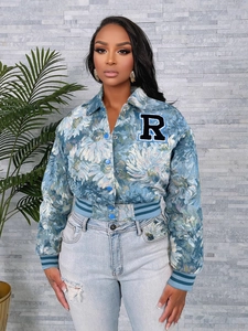 Vintage blue floral tapestry baseball jacket with letter R patch and striped ribbed trim