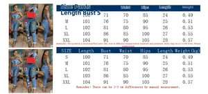 Detailed size chart for sexy denim two-piece set featuring cartoon patches and measurements