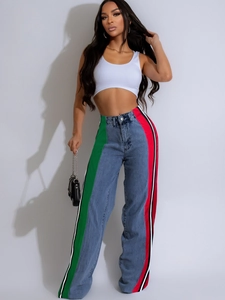 High-waisted straight jeans featuring stylish green and red side stripes and white trim