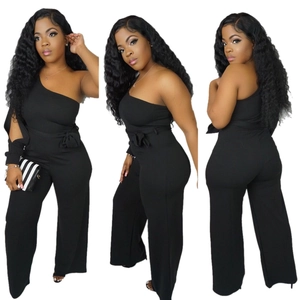 Three-view layout of black one-shoulder wide leg jumpsuit with waist tie detail