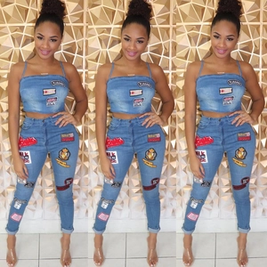 Women's sexy blue denim two-piece set with cartoon patches and high waist skinny jeans