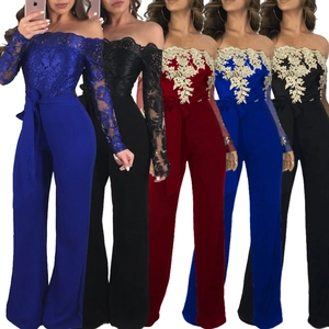 Detail of off-shoulder lace jumpsuits in various colors with wide-leg design and tie-waist