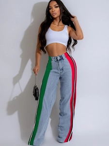 Women's high waist wide leg jeans with green and red striped sides and casual style