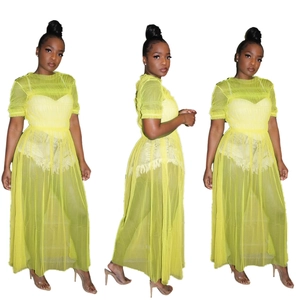 Sheer neon green mesh maxi dress with puff sleeves and ruffles in three-view display