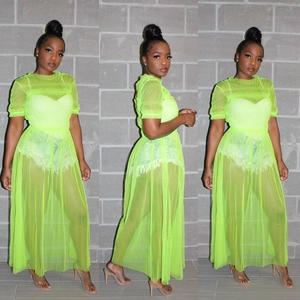 Detailed views of a neon green sheer mesh see-through cover-up top with a high neckline