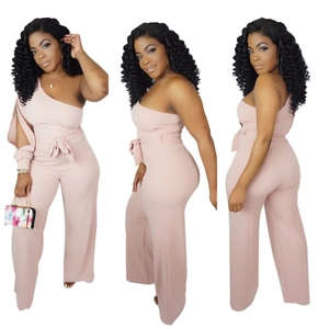 Pink one-shoulder jumpsuit with waist tie bow and high waist wide leg cut detail