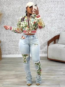 Vintage floral bomber jacket and ripped patchwork jeans set with a stylish R patch